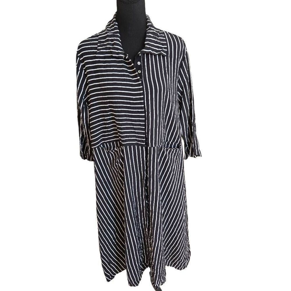 Shana Womens Striped Snap Front 3/4 Sleeve Shirt Dress Black White Size Small